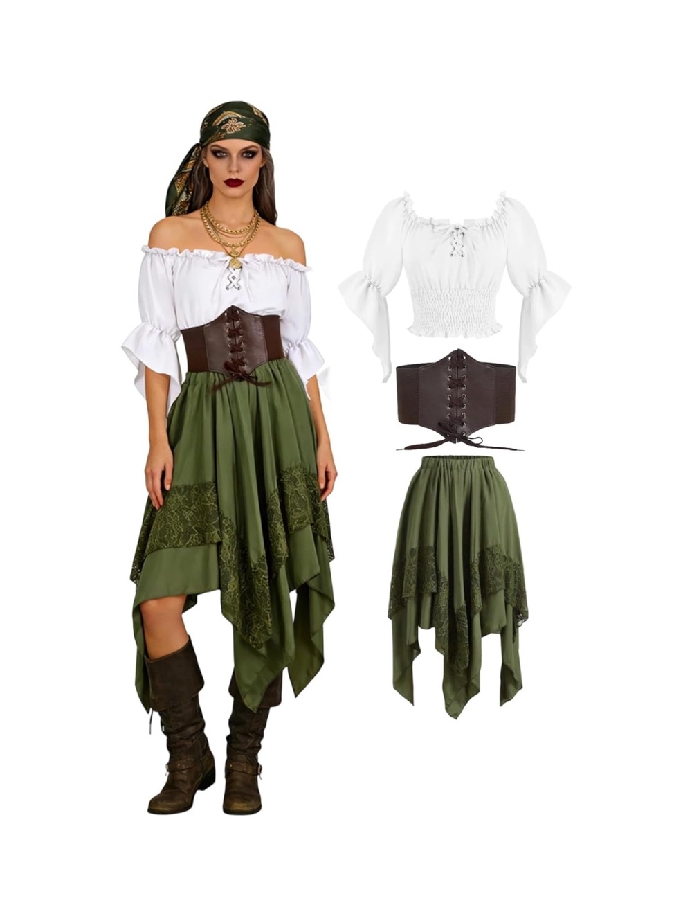 Women's Pirate Costume Renaissance Medieval 3-Piece Set with Peasant Top new